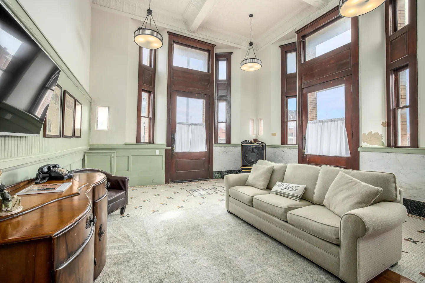 The bank lobby was transformed into a living room