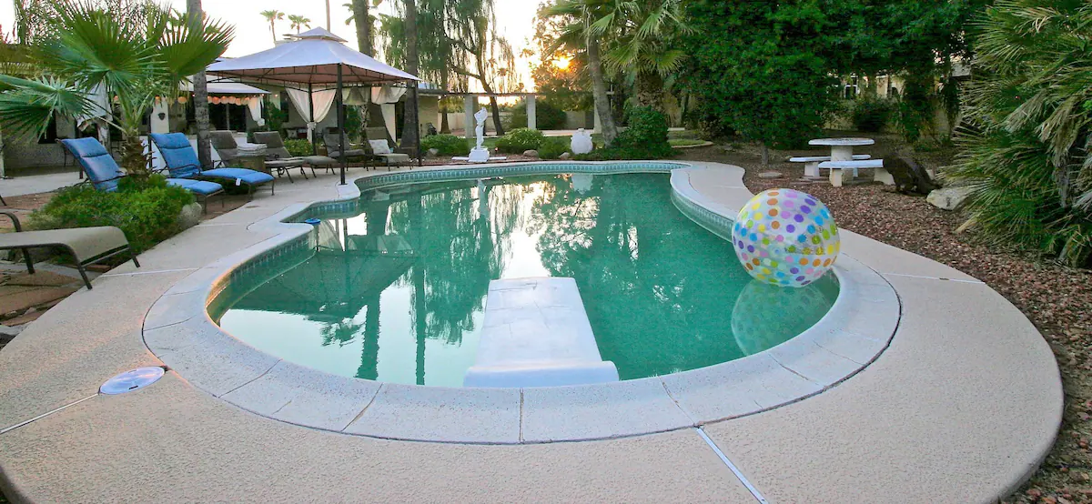 The pool is heated by gas, providing warmth for swimming.