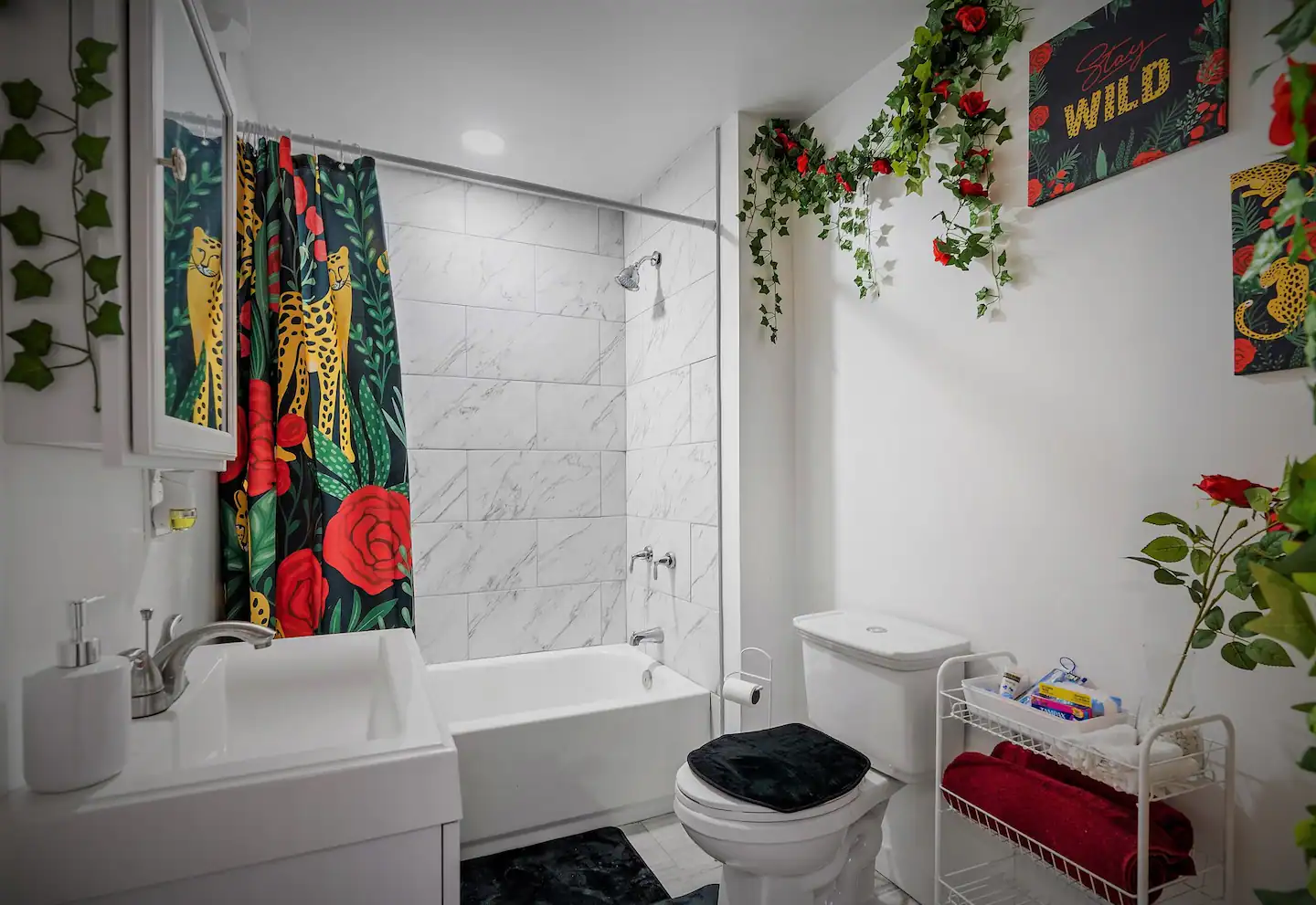 Well-appointed bathroom with feminine products.