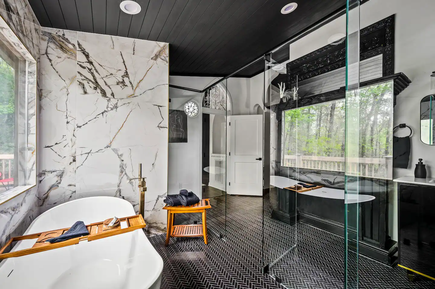 Get steamy in the open shower room.